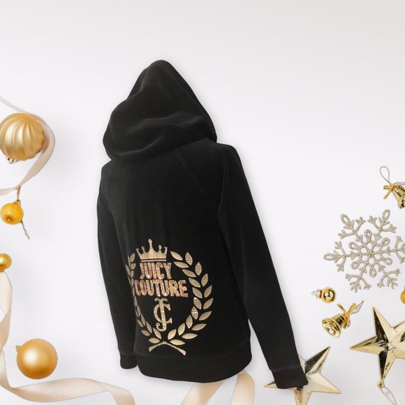 Y2K Rare Vintage Juicy Couture Black Velour Sequined Hoodie Zip Up Glamour OG - Picture 8 of 8